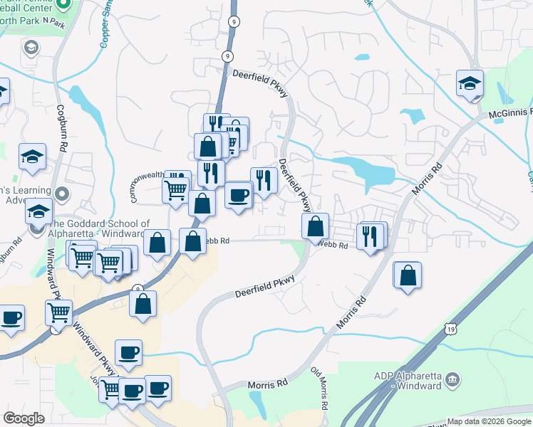 map of restaurants, bars, coffee shops, grocery stores, and more near 631 Sandringham Drive in Alpharetta