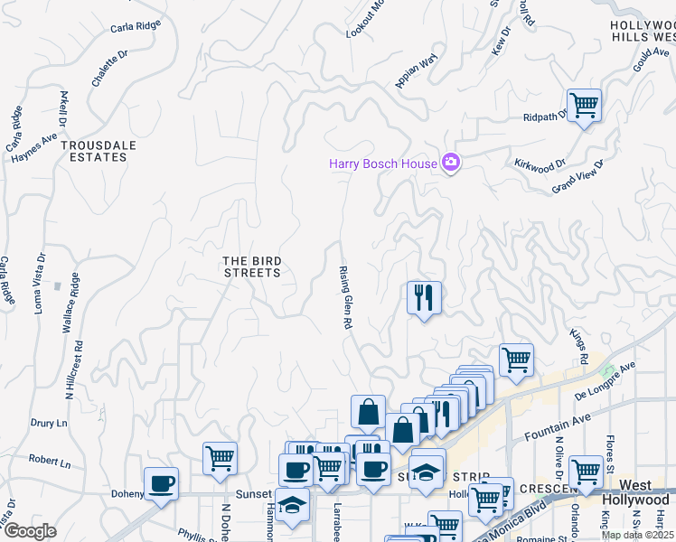 map of restaurants, bars, coffee shops, grocery stores, and more near 1527 Rising Glen Road in Los Angeles
