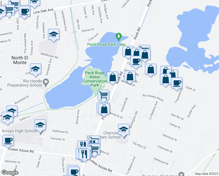 map of restaurants, bars, coffee shops, grocery stores, and more near 5345 Peck Road in El Monte