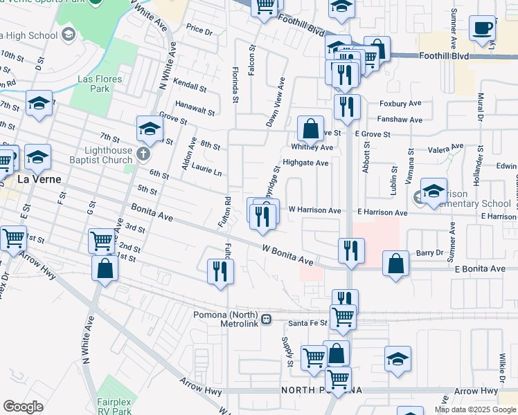 map of restaurants, bars, coffee shops, grocery stores, and more near 2903 Gayridge Street in Pomona