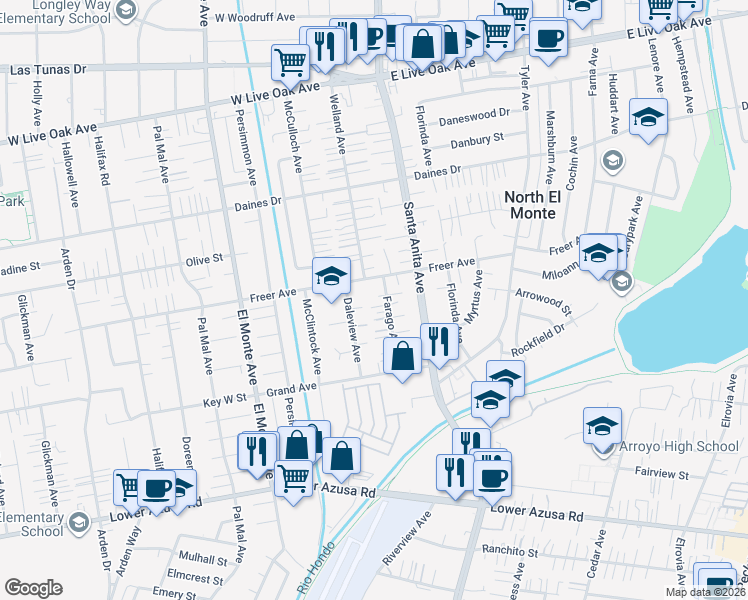 map of restaurants, bars, coffee shops, grocery stores, and more near 5221 Farago Avenue in Temple City