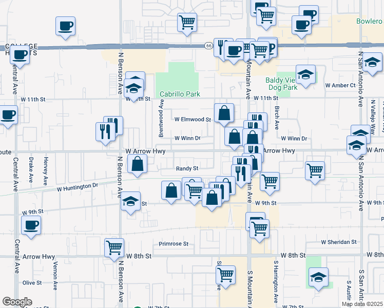 map of restaurants, bars, coffee shops, grocery stores, and more near 1380 West Arrow Highway in Upland