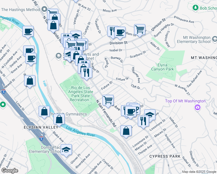 map of restaurants, bars, coffee shops, grocery stores, and more near 2908 Future Street in Los Angeles