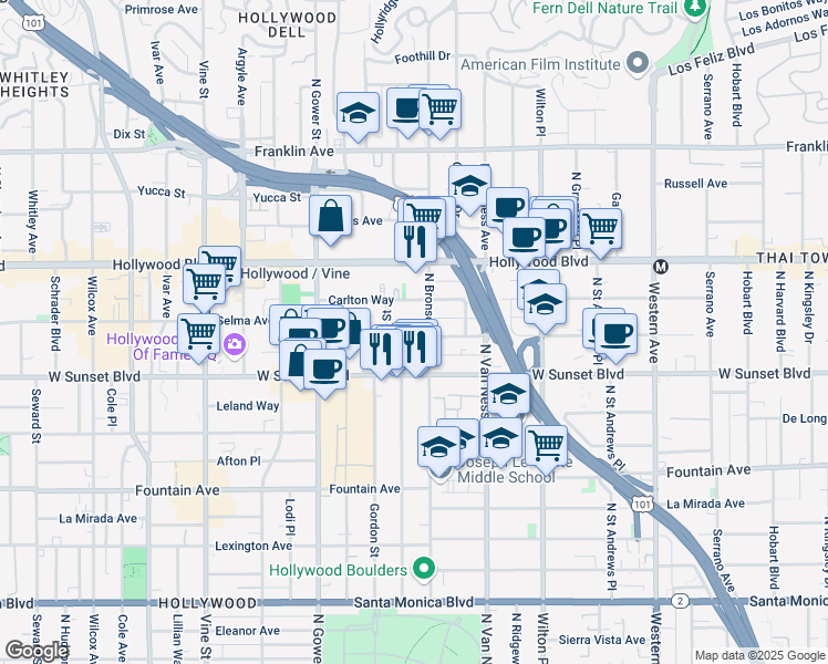 map of restaurants, bars, coffee shops, grocery stores, and more near 1545 North Bronson Avenue in Los Angeles