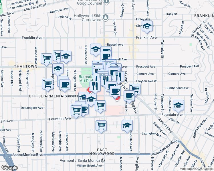 map of restaurants, bars, coffee shops, grocery stores, and more near 1548 North Vermont Avenue in Los Angeles