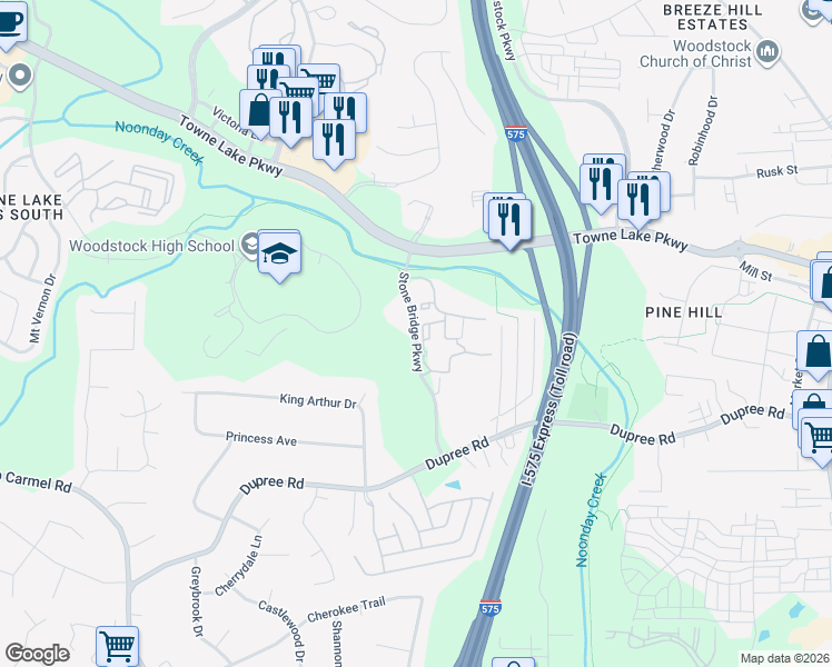 map of restaurants, bars, coffee shops, grocery stores, and more near Stone Bridge Parkway in Cherokee County