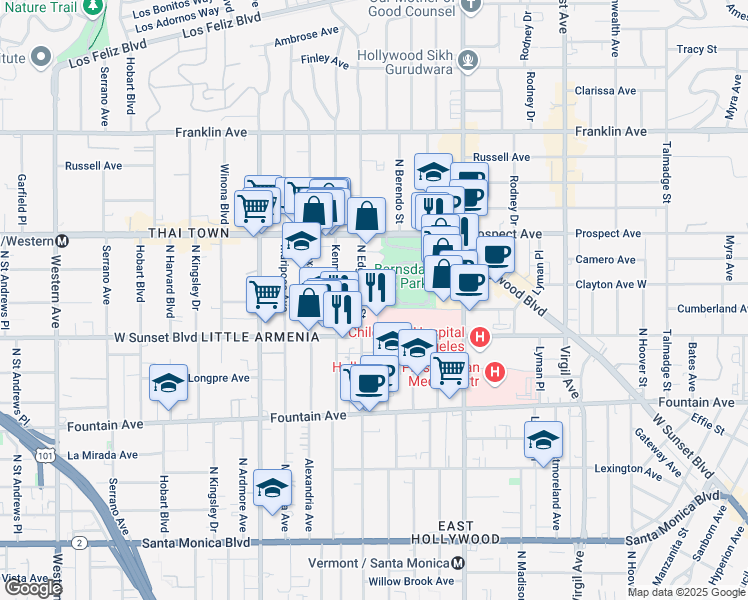map of restaurants, bars, coffee shops, grocery stores, and more near 1550 North Edgemont Street in Los Angeles