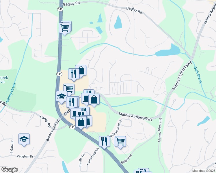 map of restaurants, bars, coffee shops, grocery stores, and more near 3065 Bunting Run in Cumming