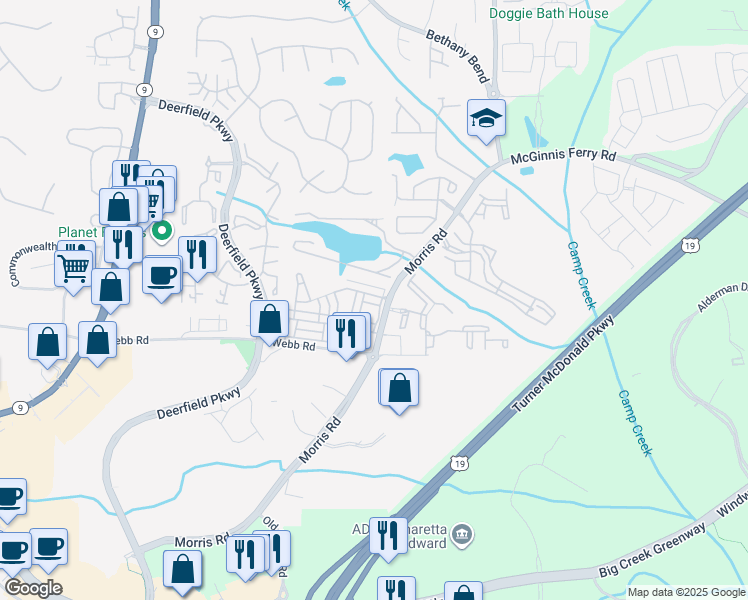 map of restaurants, bars, coffee shops, grocery stores, and more near 3495 New Fawn Lane in Alpharetta