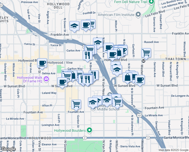 map of restaurants, bars, coffee shops, grocery stores, and more near 5843 Harold Way in Los Angeles