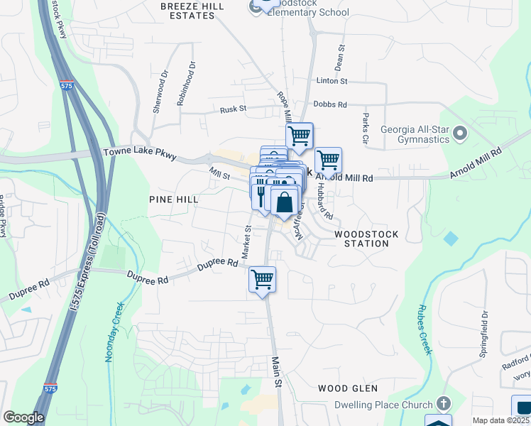 map of restaurants, bars, coffee shops, grocery stores, and more near 8720 Main Street in Woodstock