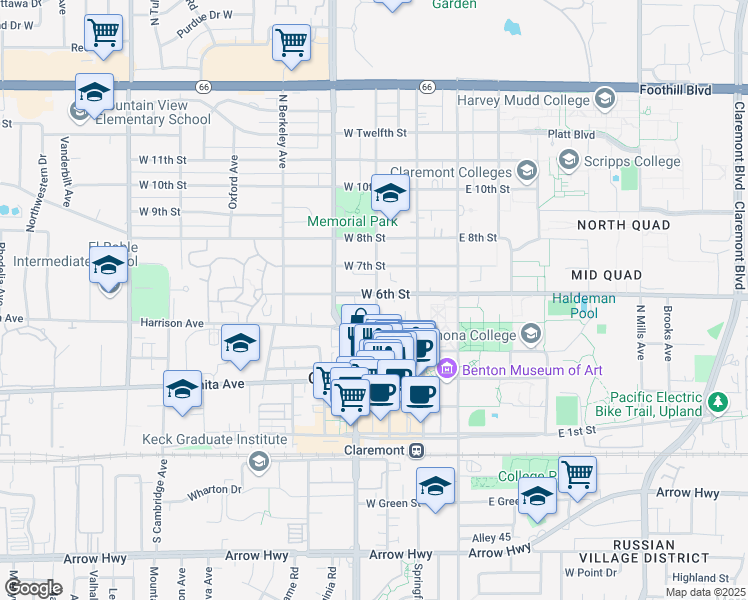 map of restaurants, bars, coffee shops, grocery stores, and more near 537 North Yale Avenue in Claremont