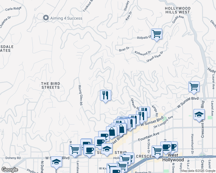 map of restaurants, bars, coffee shops, grocery stores, and more near 8721 Sunset Plaza Place in Los Angeles