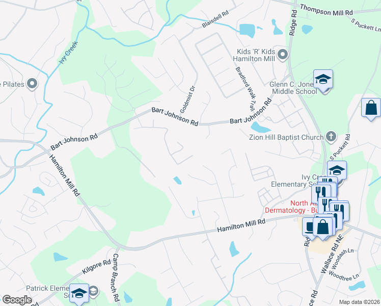 map of restaurants, bars, coffee shops, grocery stores, and more near 3511 Bogan Mill Road Northeast in Buford
