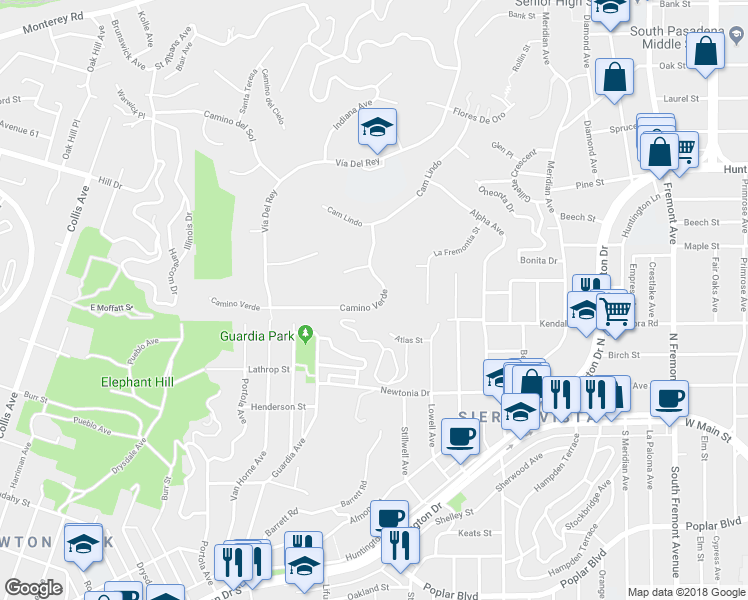 map of restaurants, bars, coffee shops, grocery stores, and more near 522 Camino Verde in South Pasadena