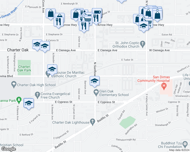 map of restaurants, bars, coffee shops, grocery stores, and more near in Covina
