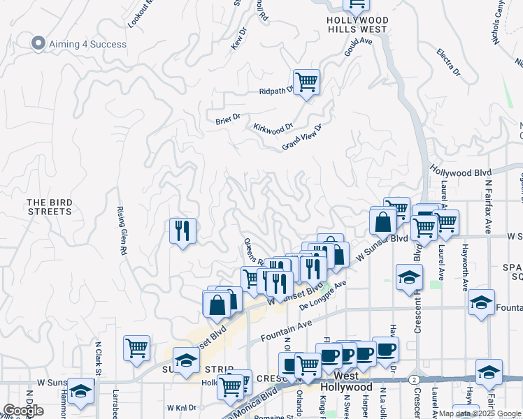 map of restaurants, bars, coffee shops, grocery stores, and more near 8501 Hollywood Boulevard in Los Angeles