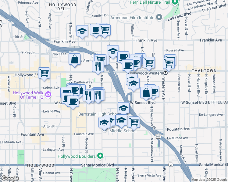 map of restaurants, bars, coffee shops, grocery stores, and more near 5813 Harold Way in Los Angeles