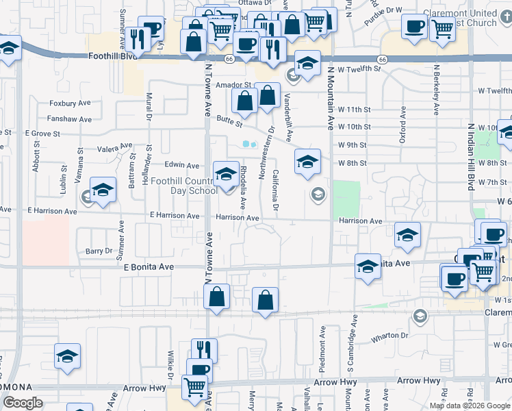 map of restaurants, bars, coffee shops, grocery stores, and more near 545 Northwestern Drive in Claremont