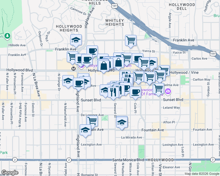 map of restaurants, bars, coffee shops, grocery stores, and more near 1550 Cassil Place in Los Angeles