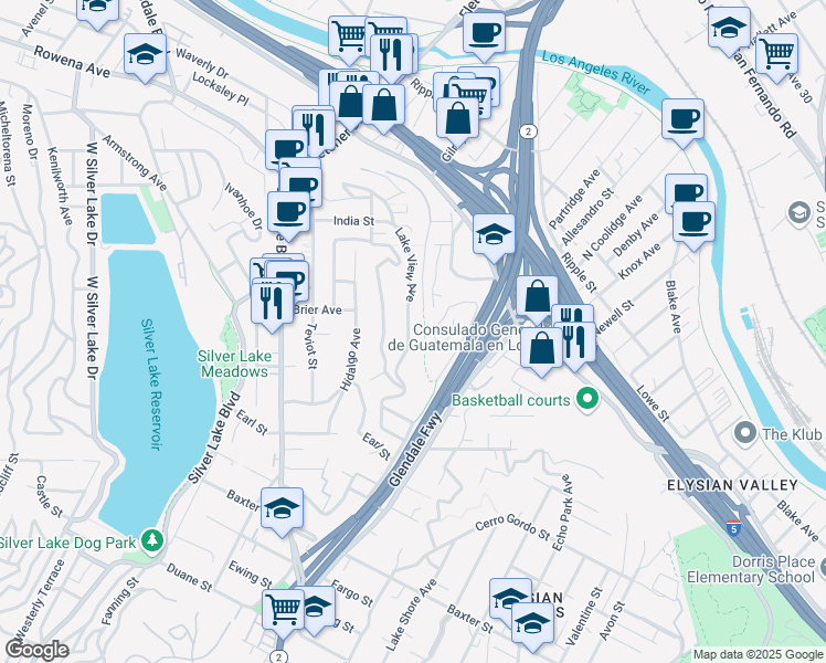 map of restaurants, bars, coffee shops, grocery stores, and more near 2368 Lake View Avenue in Los Angeles