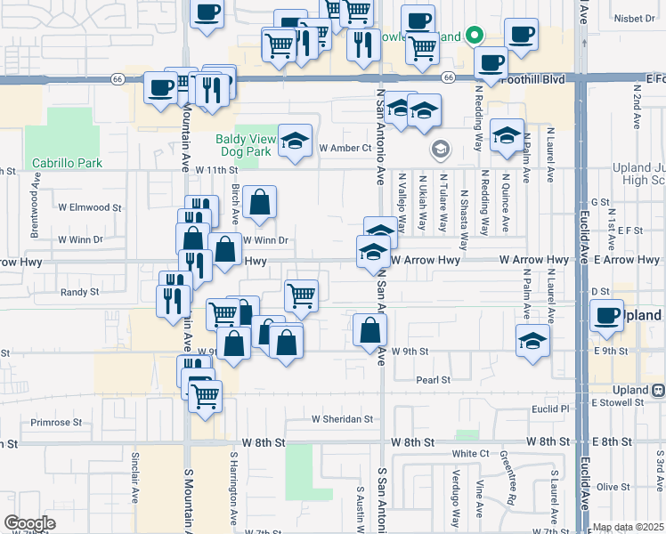 map of restaurants, bars, coffee shops, grocery stores, and more near 896 West Arrow Highway in Upland