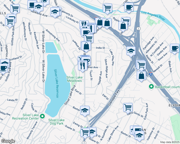 map of restaurants, bars, coffee shops, grocery stores, and more near 2377 Teviot Street in Los Angeles