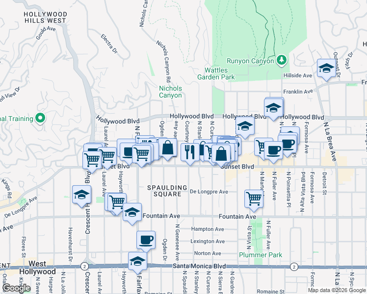 map of restaurants, bars, coffee shops, grocery stores, and more near 1545 Courtney Avenue in Los Angeles