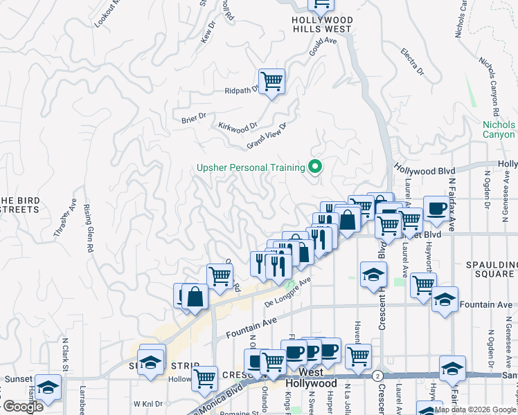 map of restaurants, bars, coffee shops, grocery stores, and more near 8435 Franklin Avenue in Los Angeles