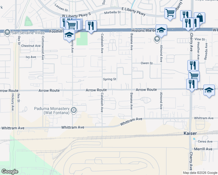 map of restaurants, bars, coffee shops, grocery stores, and more near 13946 Arrow Route in Fontana