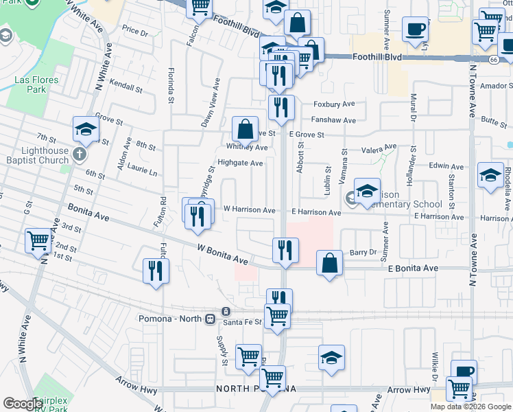 map of restaurants, bars, coffee shops, grocery stores, and more near 2903 Gladstone Street in Pomona