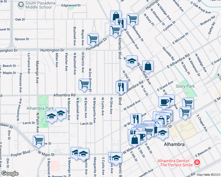 map of restaurants, bars, coffee shops, grocery stores, and more near 617 North Olive Avenue in Alhambra
