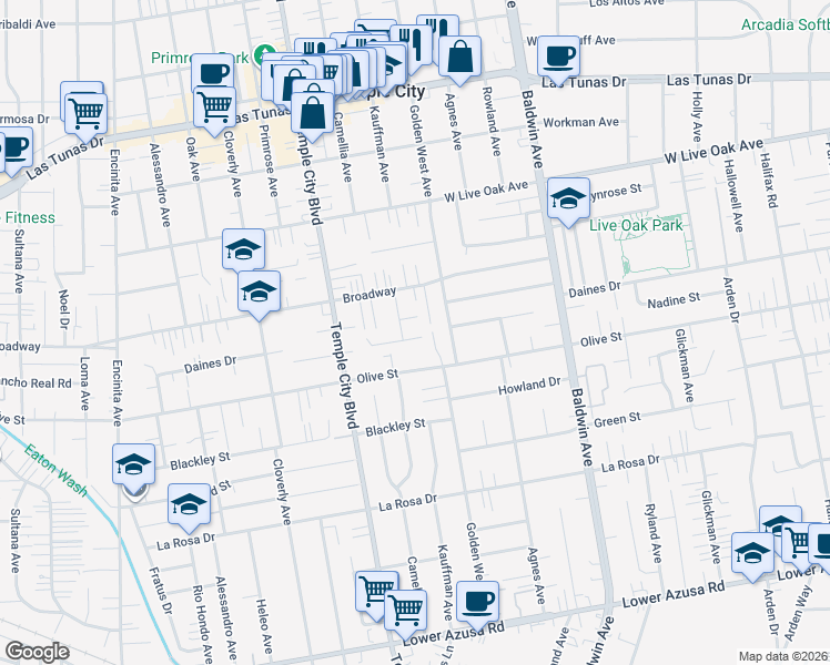 map of restaurants, bars, coffee shops, grocery stores, and more near 9713 Nadine Street in Temple City