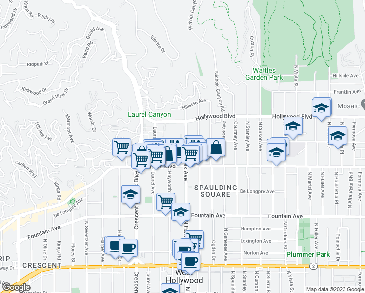map of restaurants, bars, coffee shops, grocery stores, and more near 1547 North Fairfax Avenue in Los Angeles
