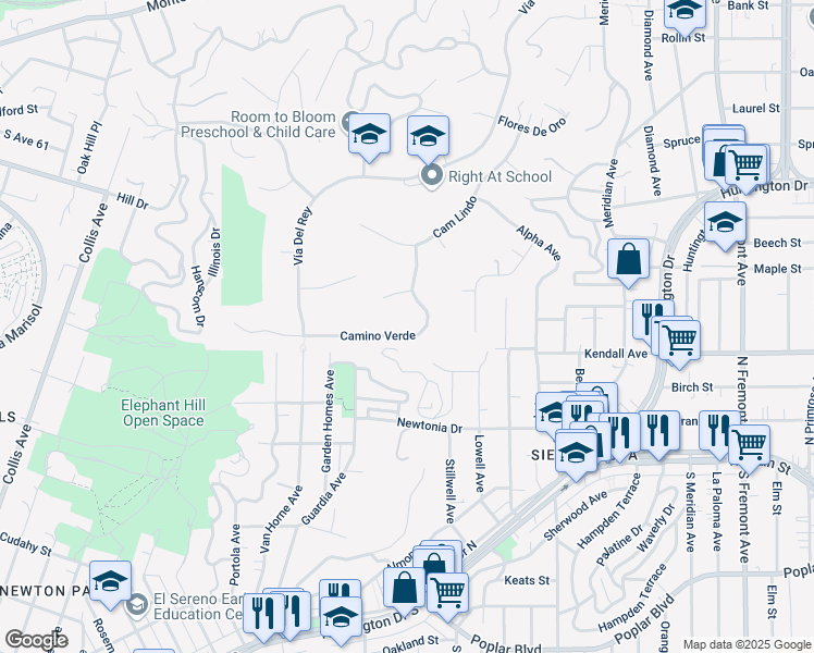 map of restaurants, bars, coffee shops, grocery stores, and more near 510 Camino Verde in South Pasadena