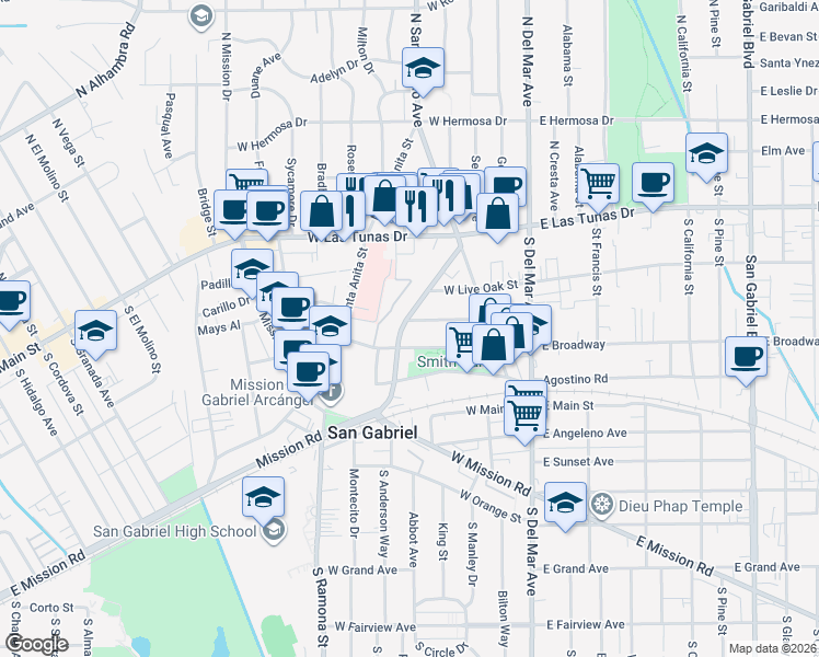 map of restaurants, bars, coffee shops, grocery stores, and more near 266 West Wedgewood Avenue in San Gabriel