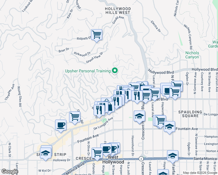 map of restaurants, bars, coffee shops, grocery stores, and more near 8320 Hollywood Boulevard in Los Angeles