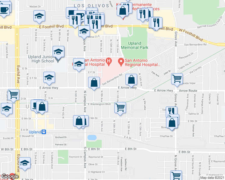 map of restaurants, bars, coffee shops, grocery stores, and more near 1018 E Arrow Hwy in Upland