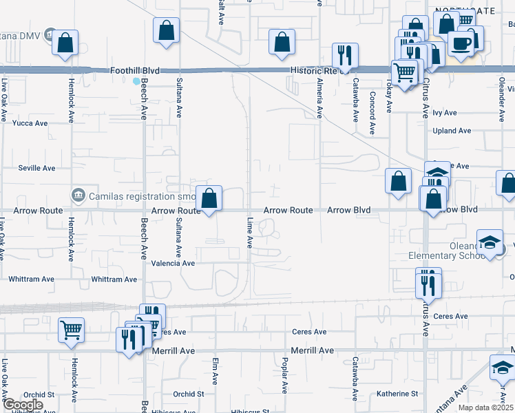 map of restaurants, bars, coffee shops, grocery stores, and more near 15628 Arrow Route in Fontana