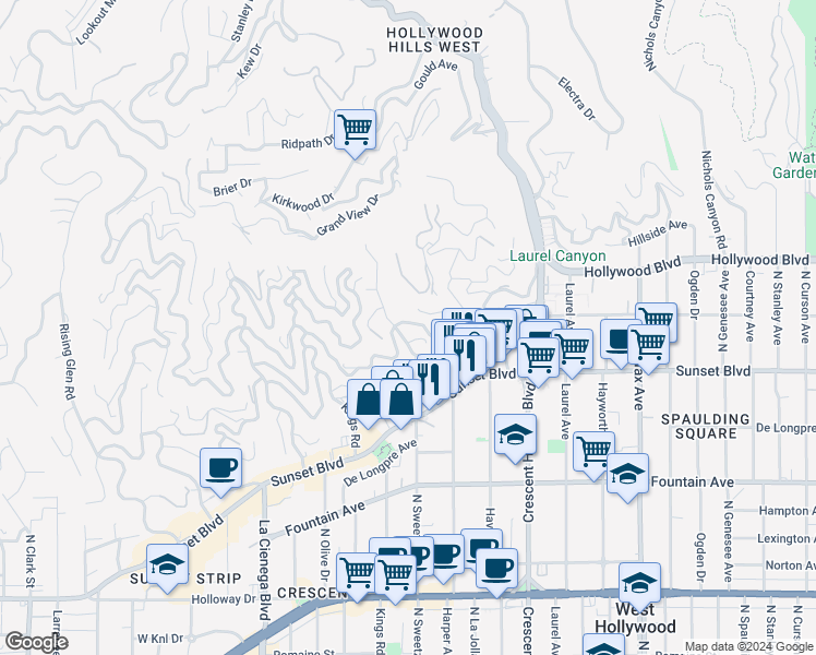 map of restaurants, bars, coffee shops, grocery stores, and more near 8312 Hollywood Boulevard in Los Angeles