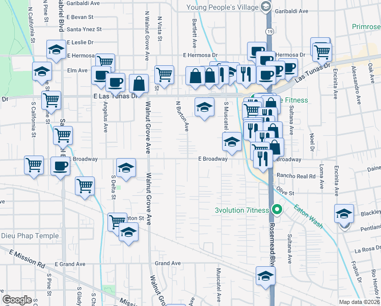 map of restaurants, bars, coffee shops, grocery stores, and more near 280 South Burton Avenue in San Gabriel