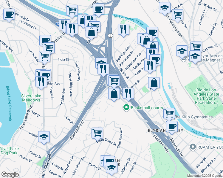 map of restaurants, bars, coffee shops, grocery stores, and more near 2017 Riverside Drive in Los Angeles