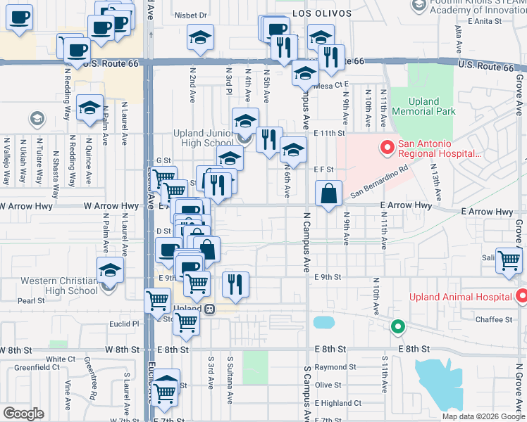 map of restaurants, bars, coffee shops, grocery stores, and more near 524 East Arrow Highway in Upland