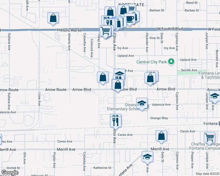map of restaurants, bars, coffee shops, grocery stores, and more near 16072 Arrow Boulevard in Fontana