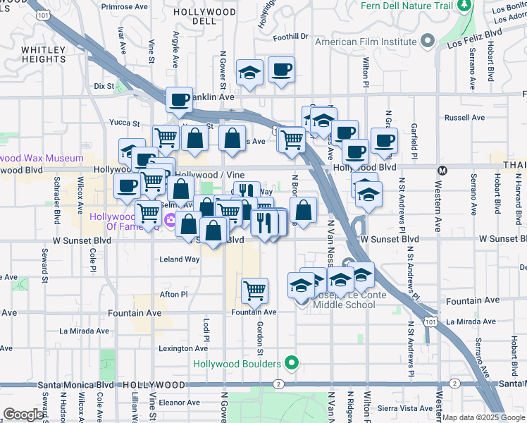 map of restaurants, bars, coffee shops, grocery stores, and more near 1545 Gordon Street in Los Angeles