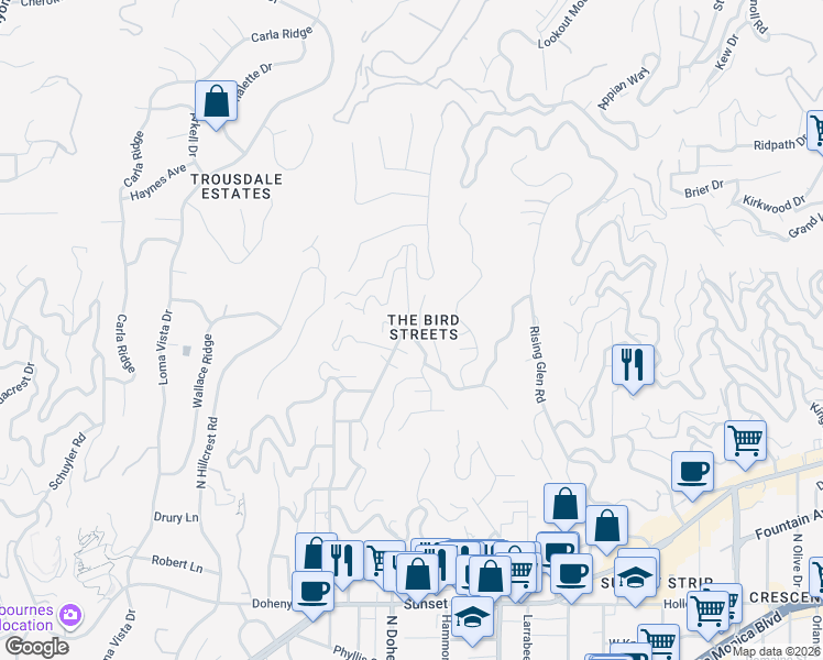 map of restaurants, bars, coffee shops, grocery stores, and more near 1526 North Doheny Drive in Los Angeles