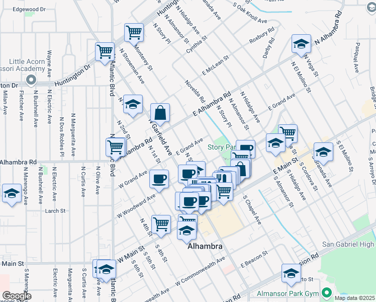 map of restaurants, bars, coffee shops, grocery stores, and more near 336 North Stoneman Avenue in Alhambra
