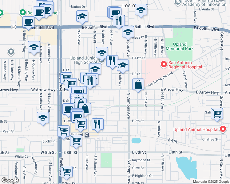map of restaurants, bars, coffee shops, grocery stores, and more near 572 East Arrow Highway in Upland