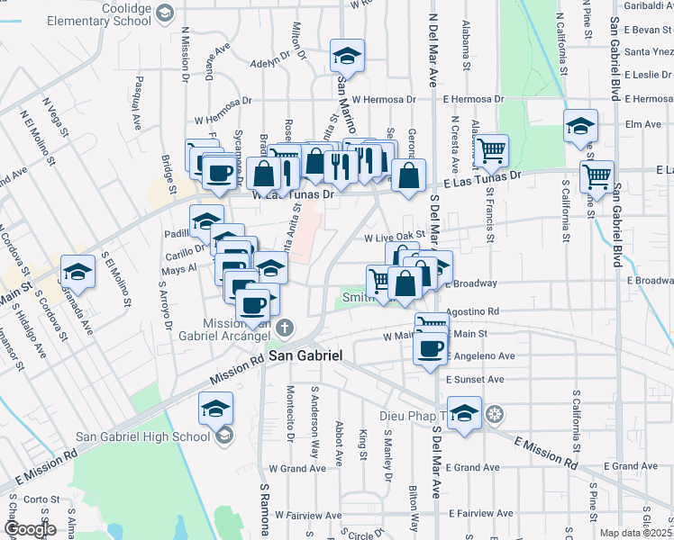 map of restaurants, bars, coffee shops, grocery stores, and more near 266 West Wedgewood Avenue in San Gabriel