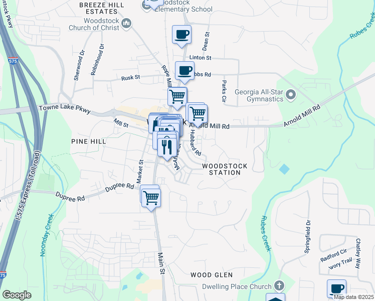 map of restaurants, bars, coffee shops, grocery stores, and more near 415 Bailey Lane in Woodstock